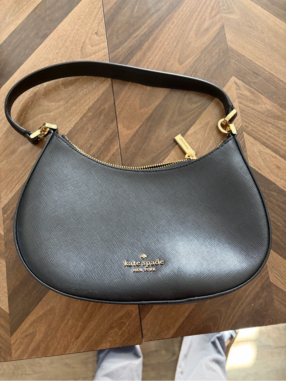 kate spade Black Saffiano Crescent Shoulder Bag with Gold Hardware